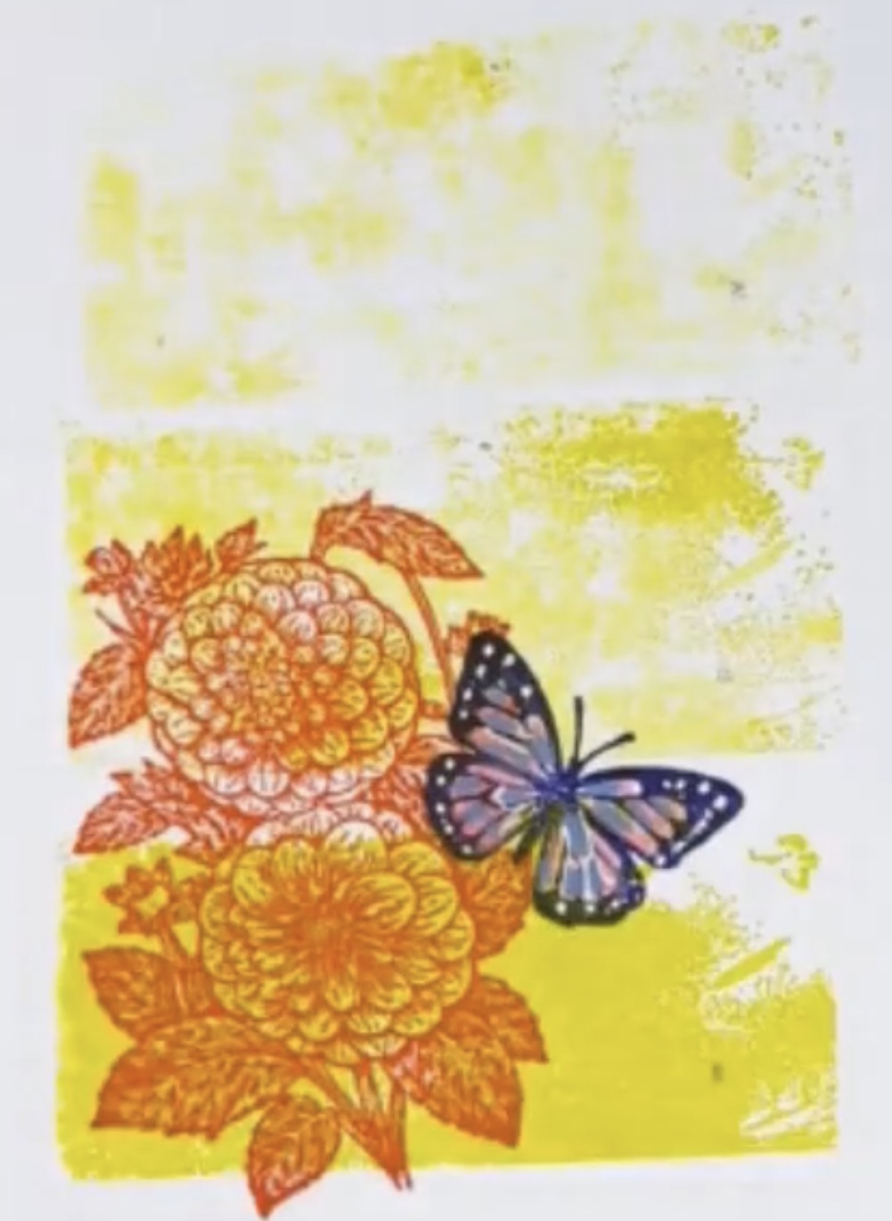 Butterfly and flowers on a textured yellow background