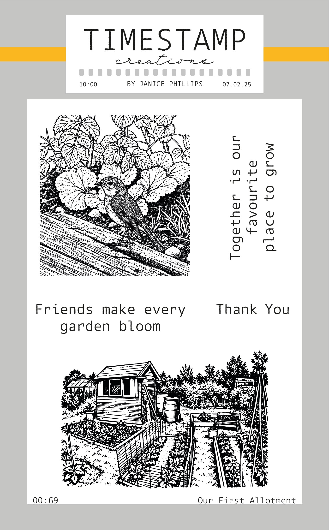 A stamp set sheet from Timestamp Creations by Janice Phillips, featuring three black and white garden-themed rubber stamps with text and illustrations of a bird, a garden scene, and a small shed.