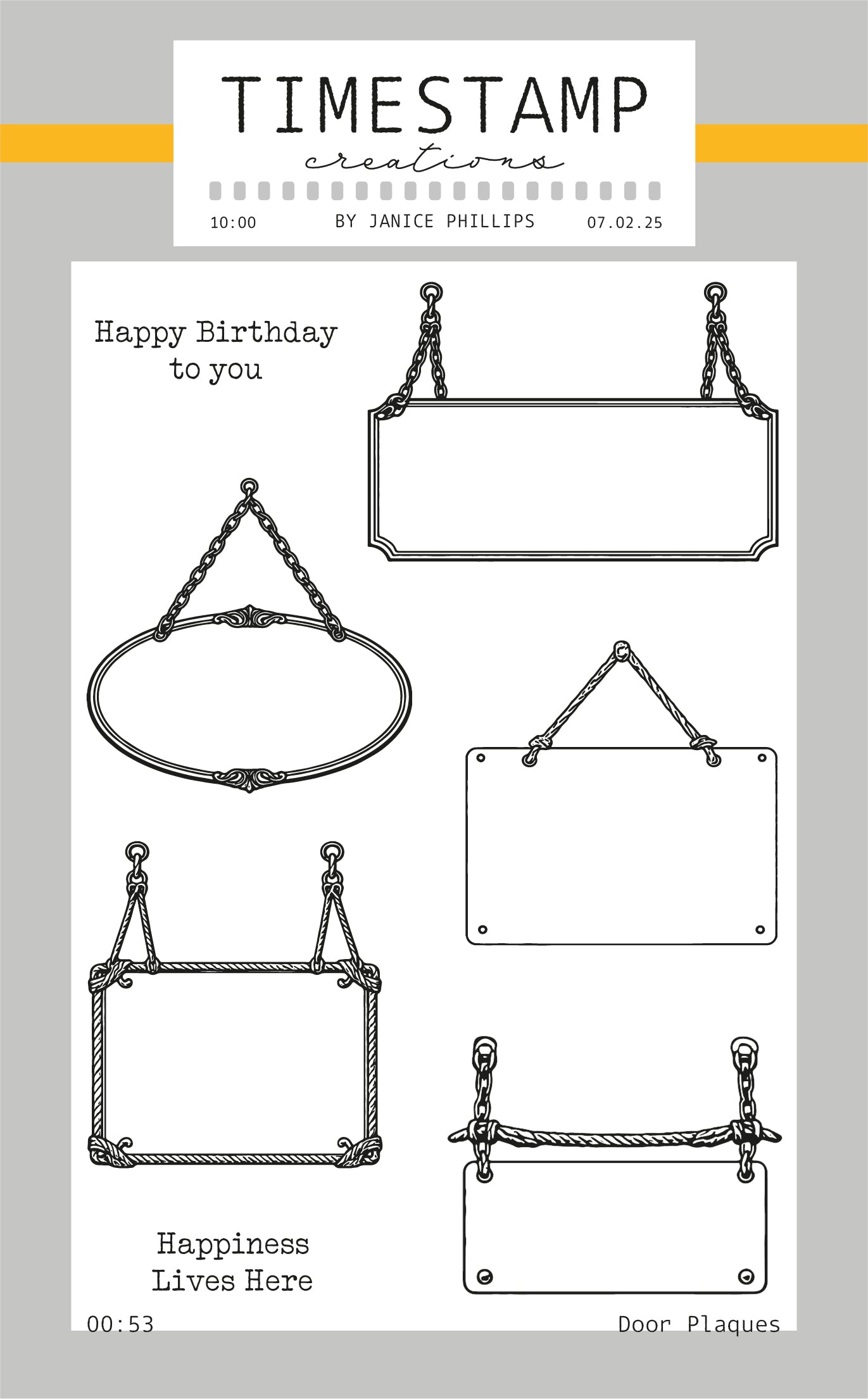 Set of door plaques with hanging chains on a light gray background, featuring 'Happy Birthday to you' and 'Happiness Lives Here' text.