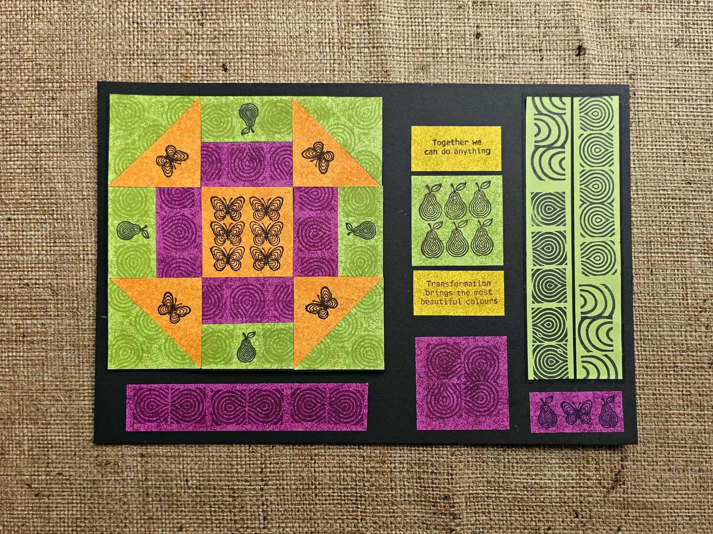 Quilt block with butterfly design on a textured fabric background
