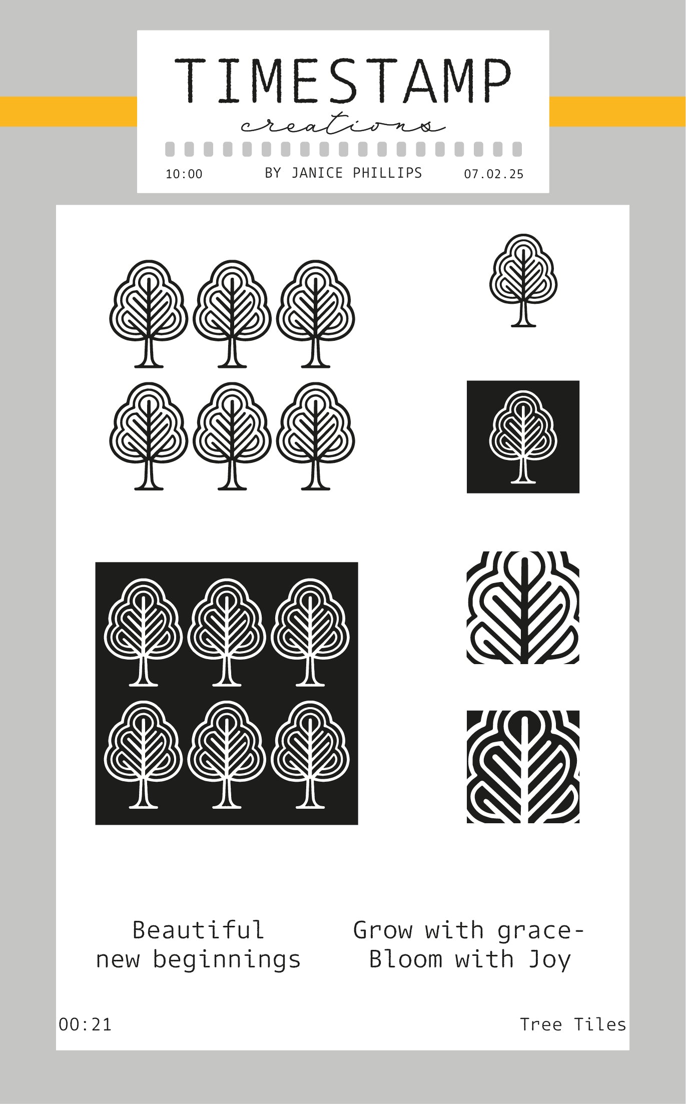 Collection of tree-themed design elements on a light gray background with 'Timestamp Creations' branding.