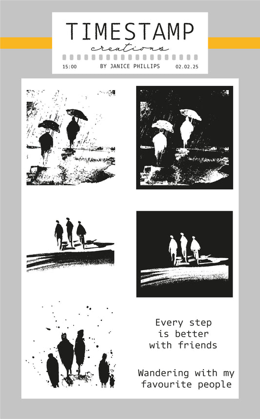 A6 Clear Stamp set for crafting featuring original art  of people walking in the rain and together by Janice Phillips