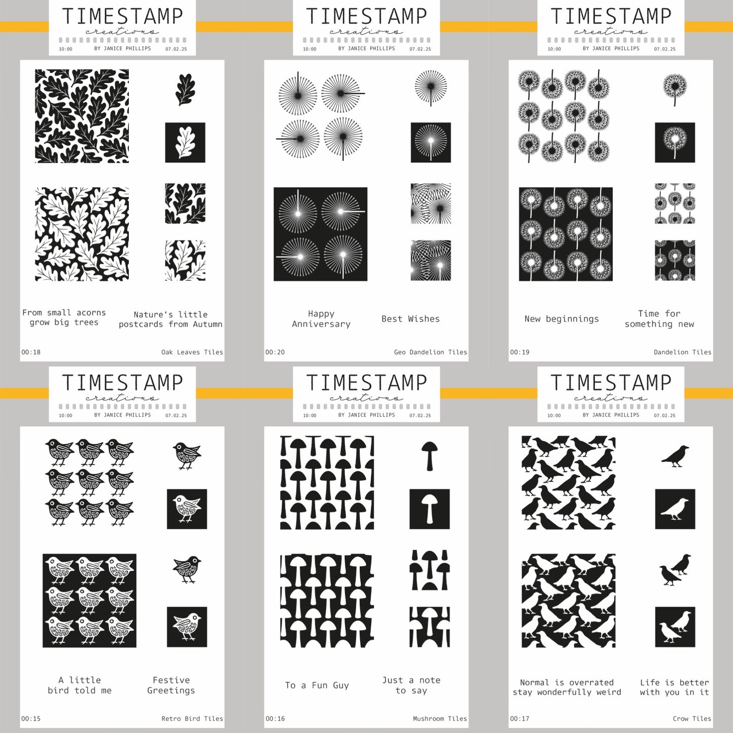 Collection of black and white patterned stencils with text on a gray background