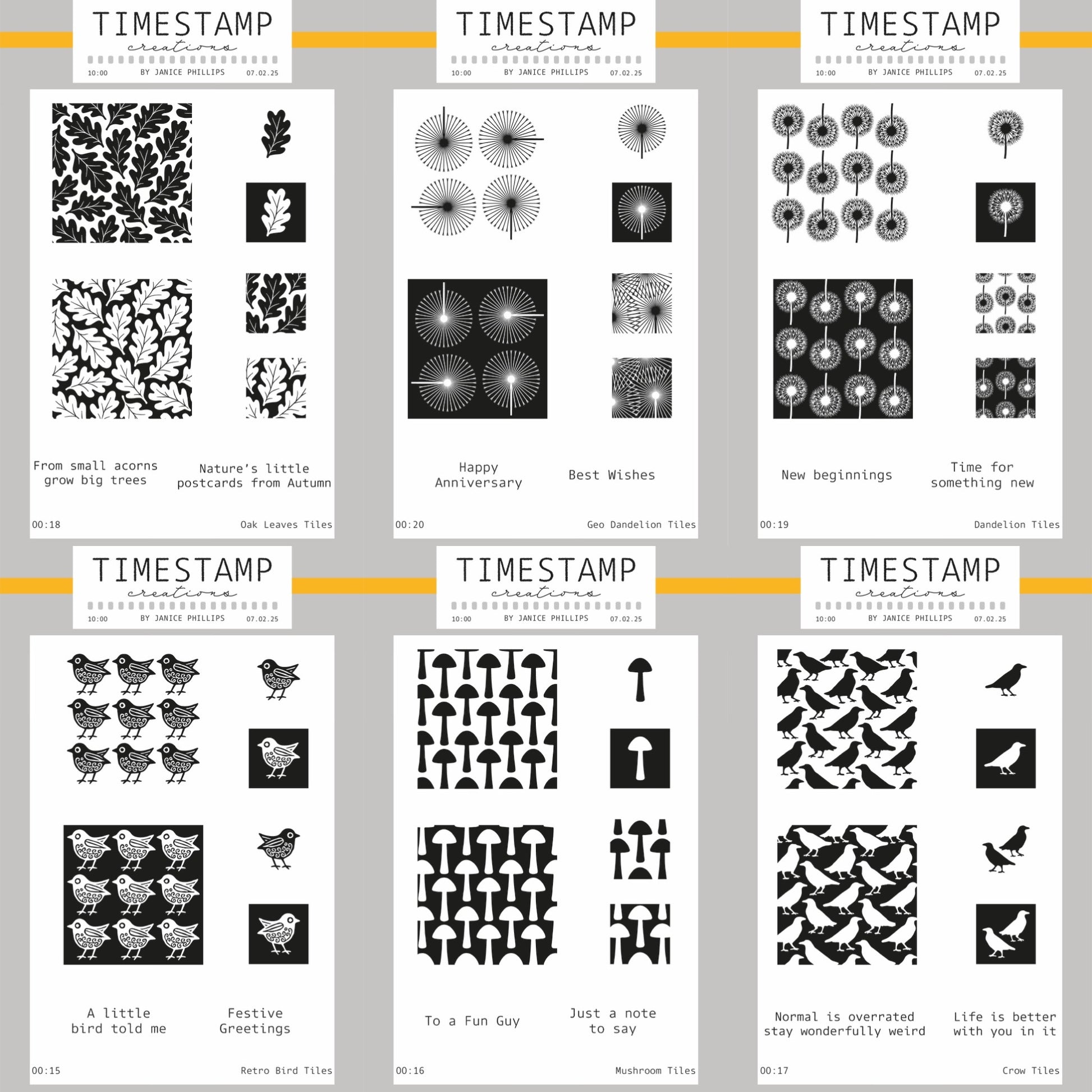 Collection of black and white patterned stencils with text on a gray background
