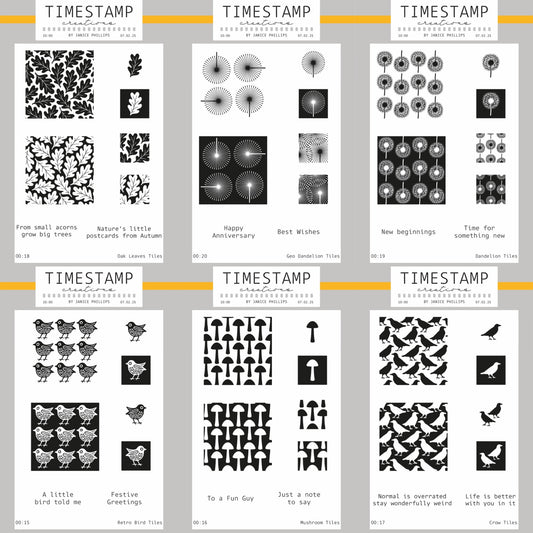 Collection of black and white patterned stencils with text on a gray background