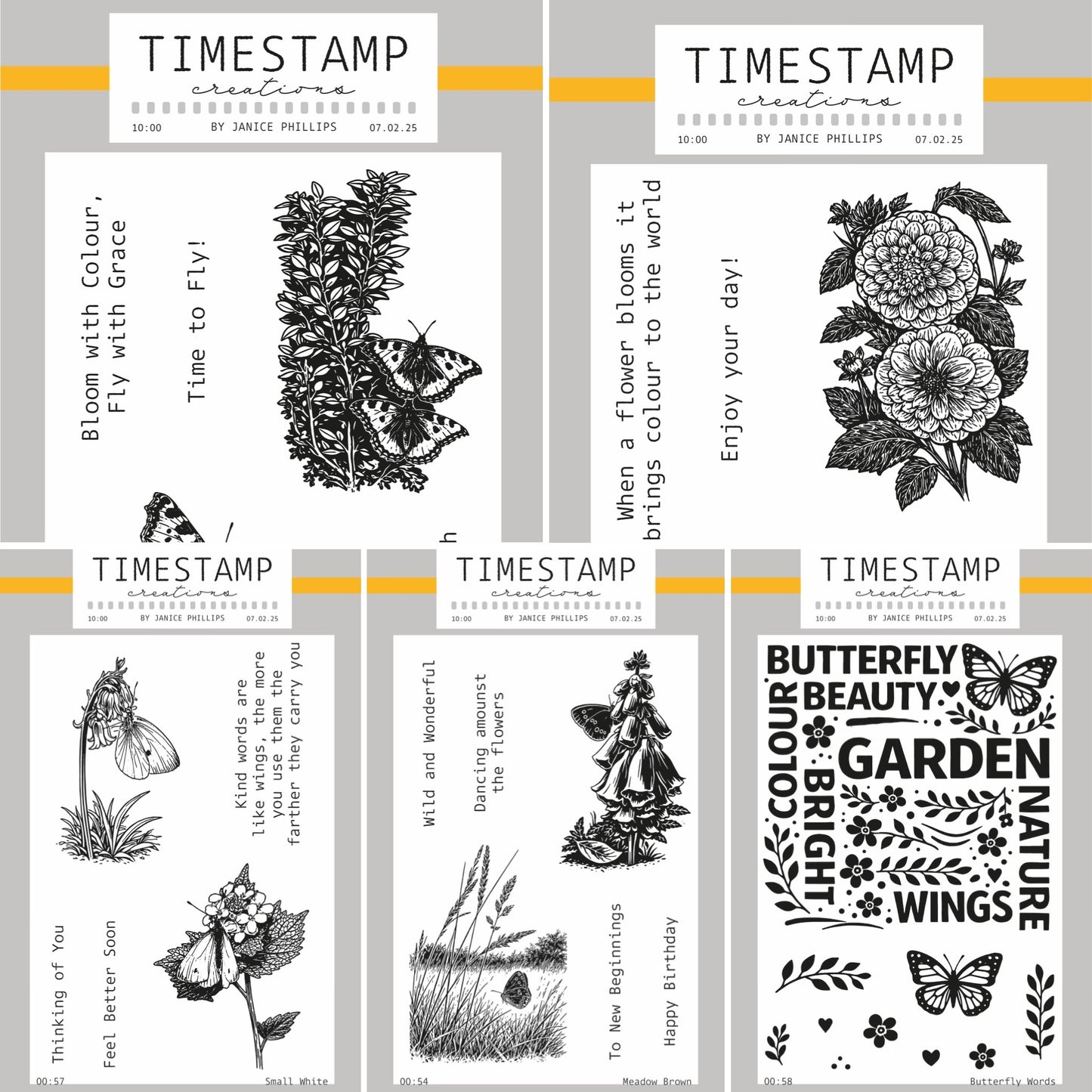 Set of clear stamps with floral and butterfly designs on a gray background.