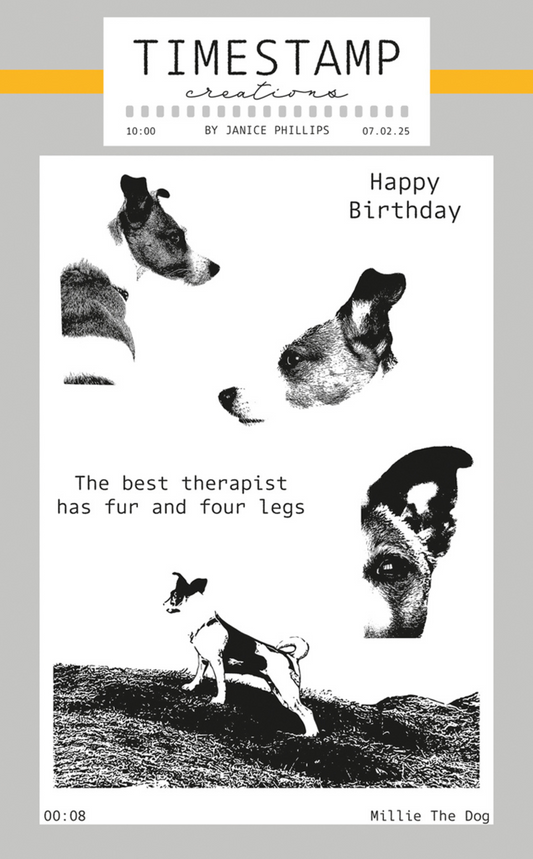 Clear Stamp set of Millie the Dog for crafting by Janice Phillips