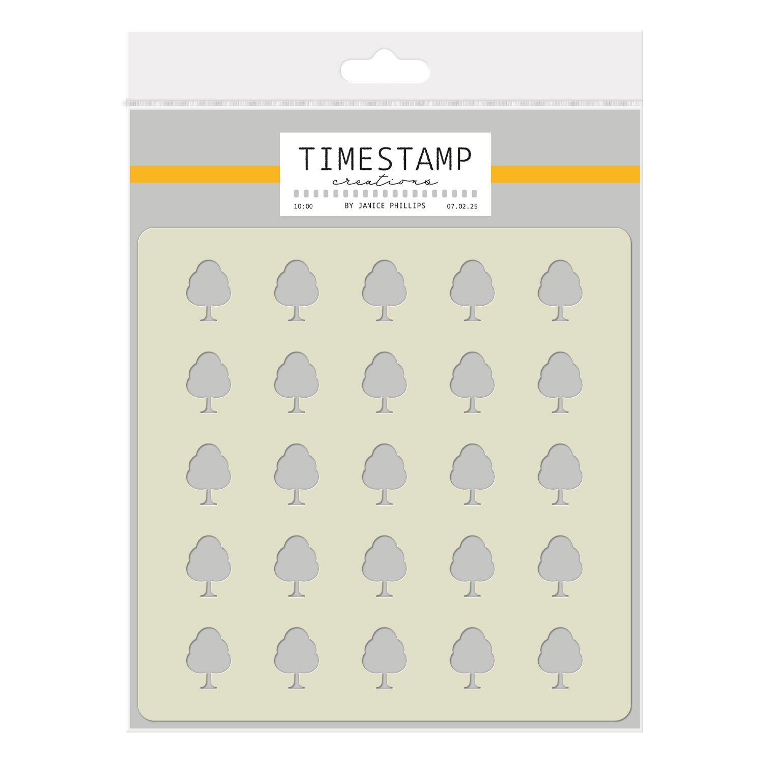 Packaging of 'Timestamp' tree-shaped stamps on a beige background