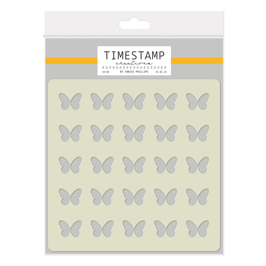 Packaging of butterfly-shaped stamps by Timestamp Creatives on a white background.