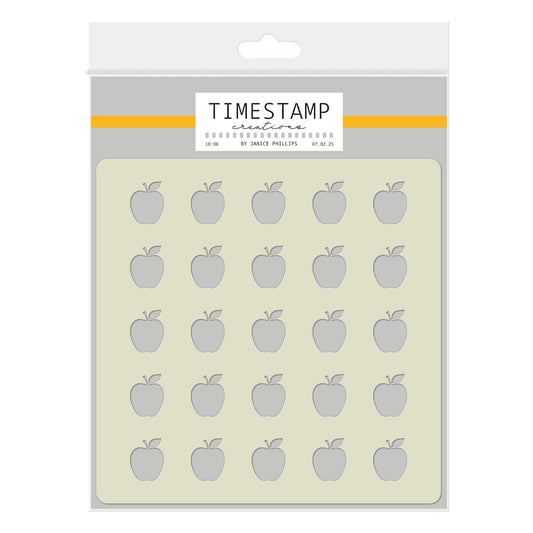 Packaging of 'Timestamp Creatives' with apple-shaped stamps on a beige background