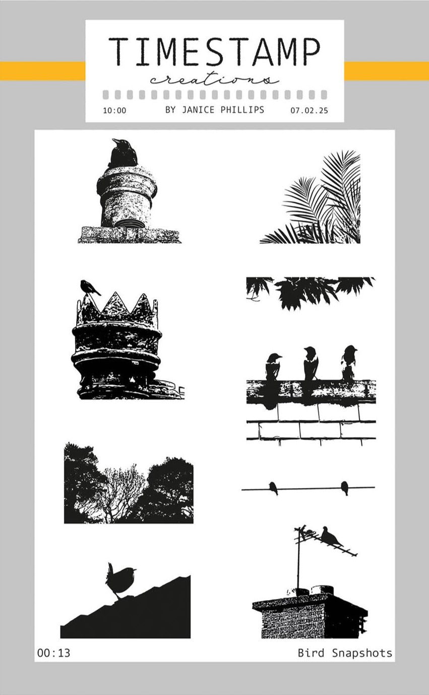 Collection of bird illustrations on chimney pots 'Timestamp Creations' branding.