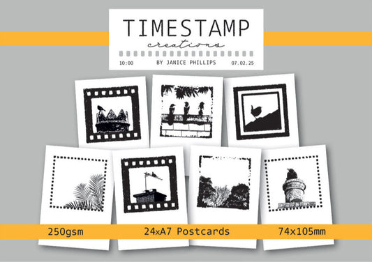 Set of black and white postcards with birds on rooftops by Janice Phillips