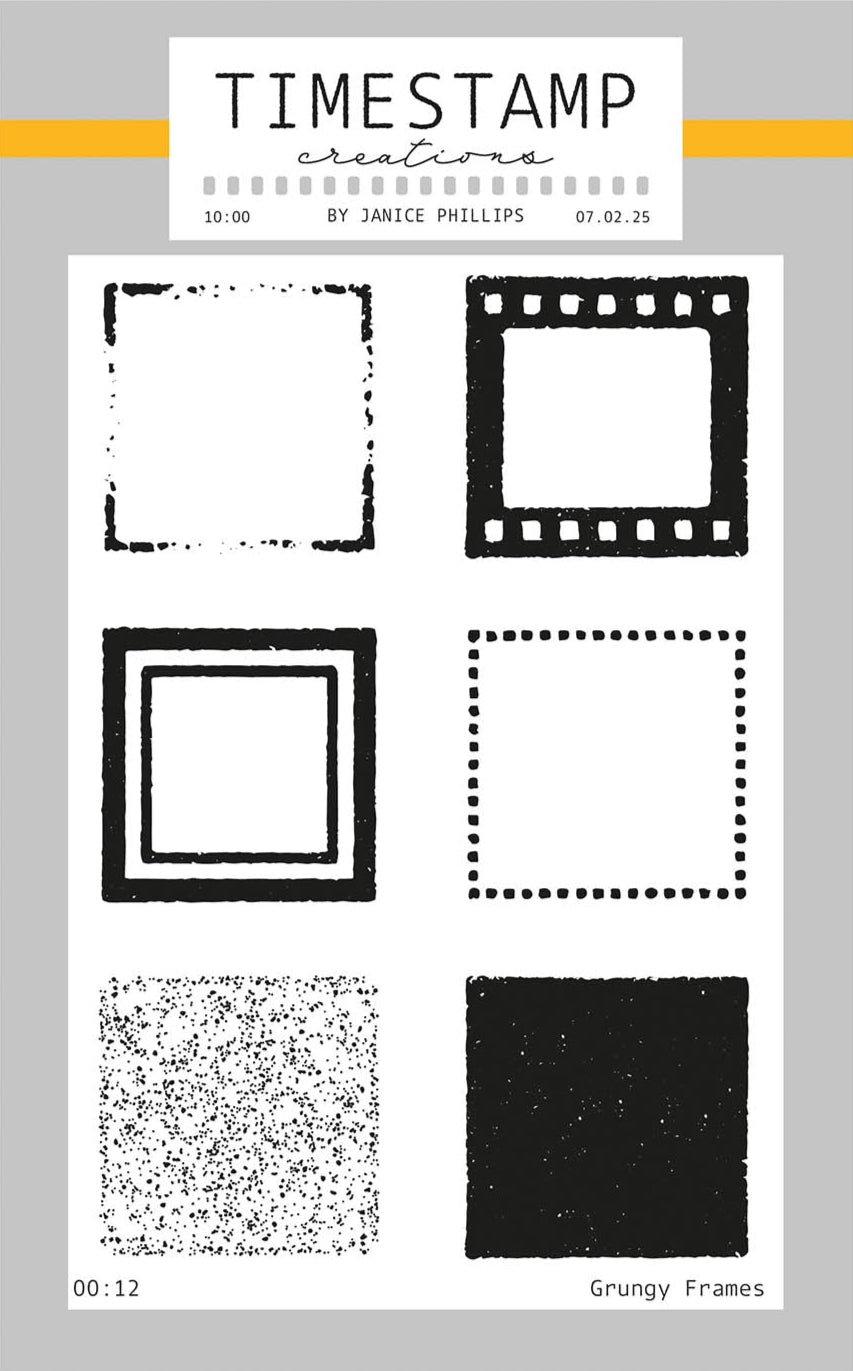 Collection of grungy frames on a gray background with 'Timestamp Creations' branding.