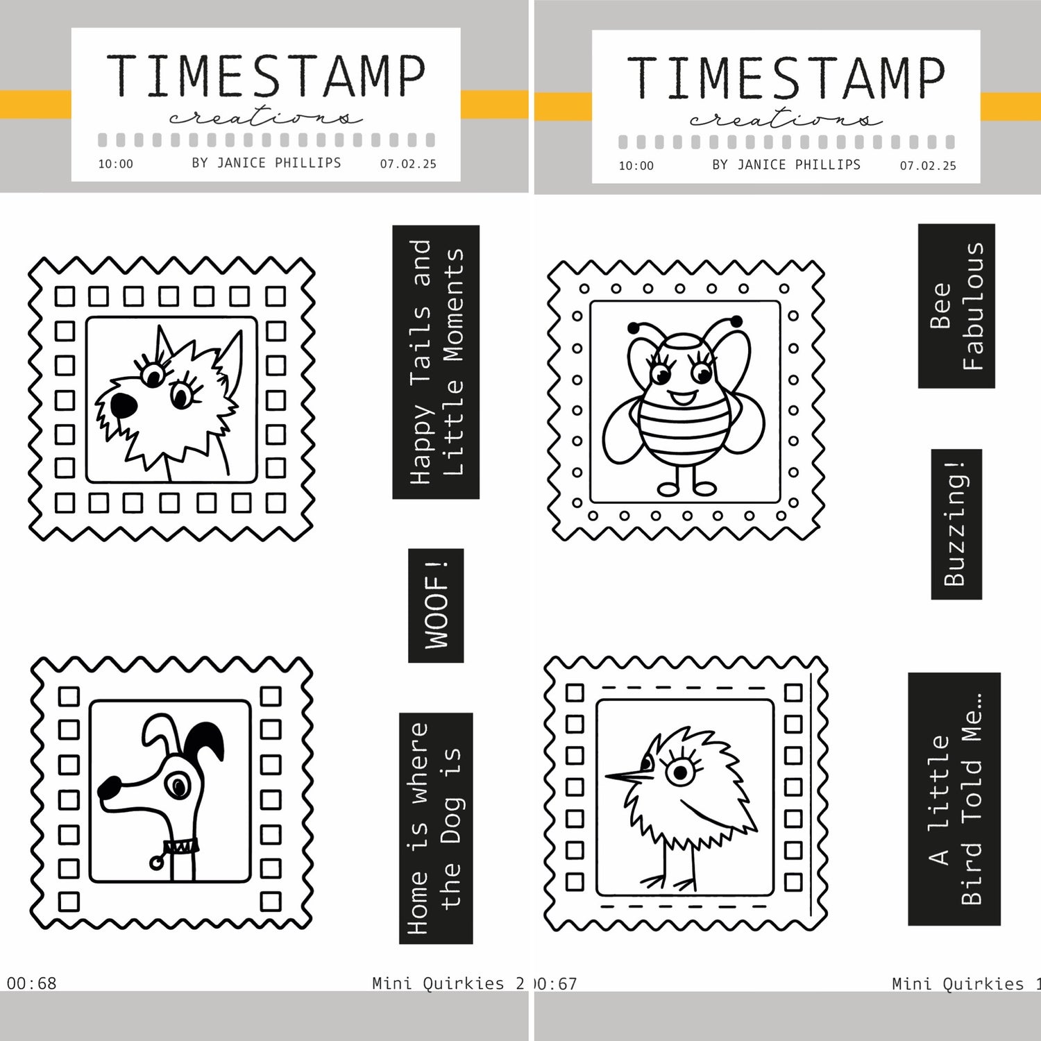 two sets of images with drawn dog cat bird and bee
