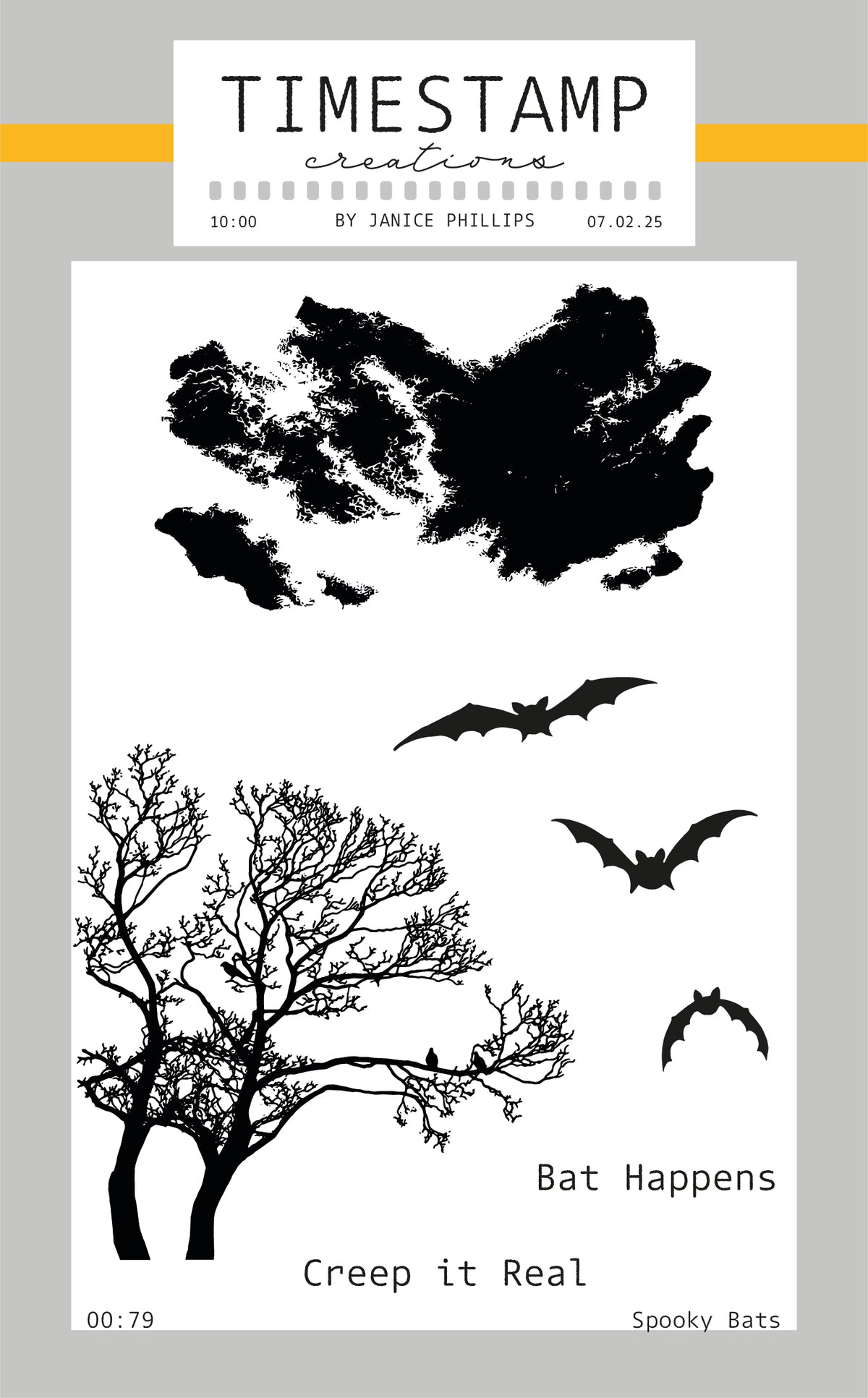 A product card for a stamp set featuring black bat and tree silhouettes on a white background, with the brand name TIMESTAMP creations by Janice Phillips at the top and the phrases 'Bat Happens' and 'Creep it Real' on the card.