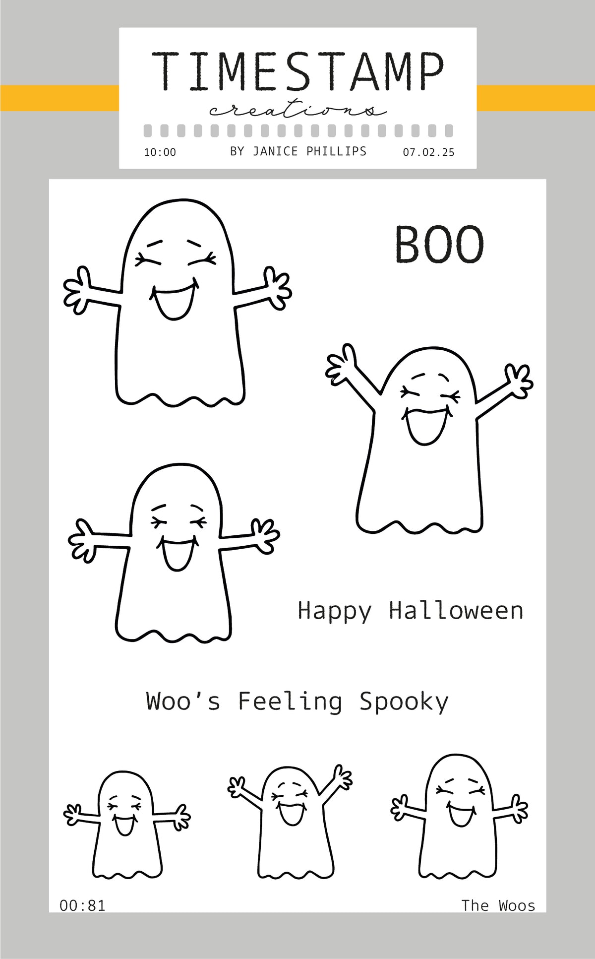 A digital preview of a stamp design sheet by Timestamp Creations, featuring five black and white cartoon ghost illustrations with different expressions and poses, accompanied by the text 'BOO', 'Happy Halloween', and 'Woo's Feeling Spooky'.