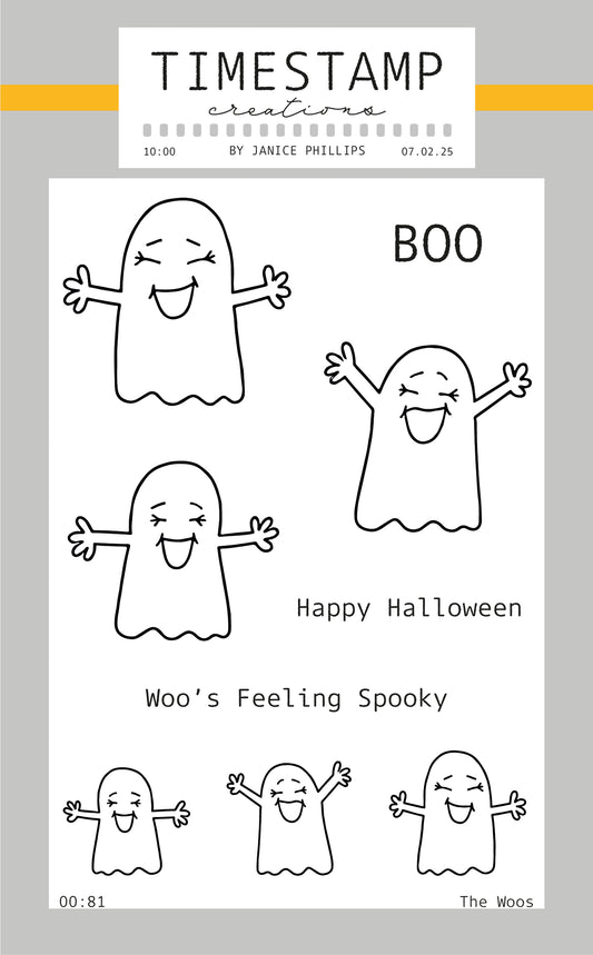 A digital preview of a stamp design sheet by Timestamp Creations, featuring five black and white cartoon ghost illustrations with different expressions and poses, accompanied by the text 'BOO', 'Happy Halloween', and 'Woo's Feeling Spooky'.