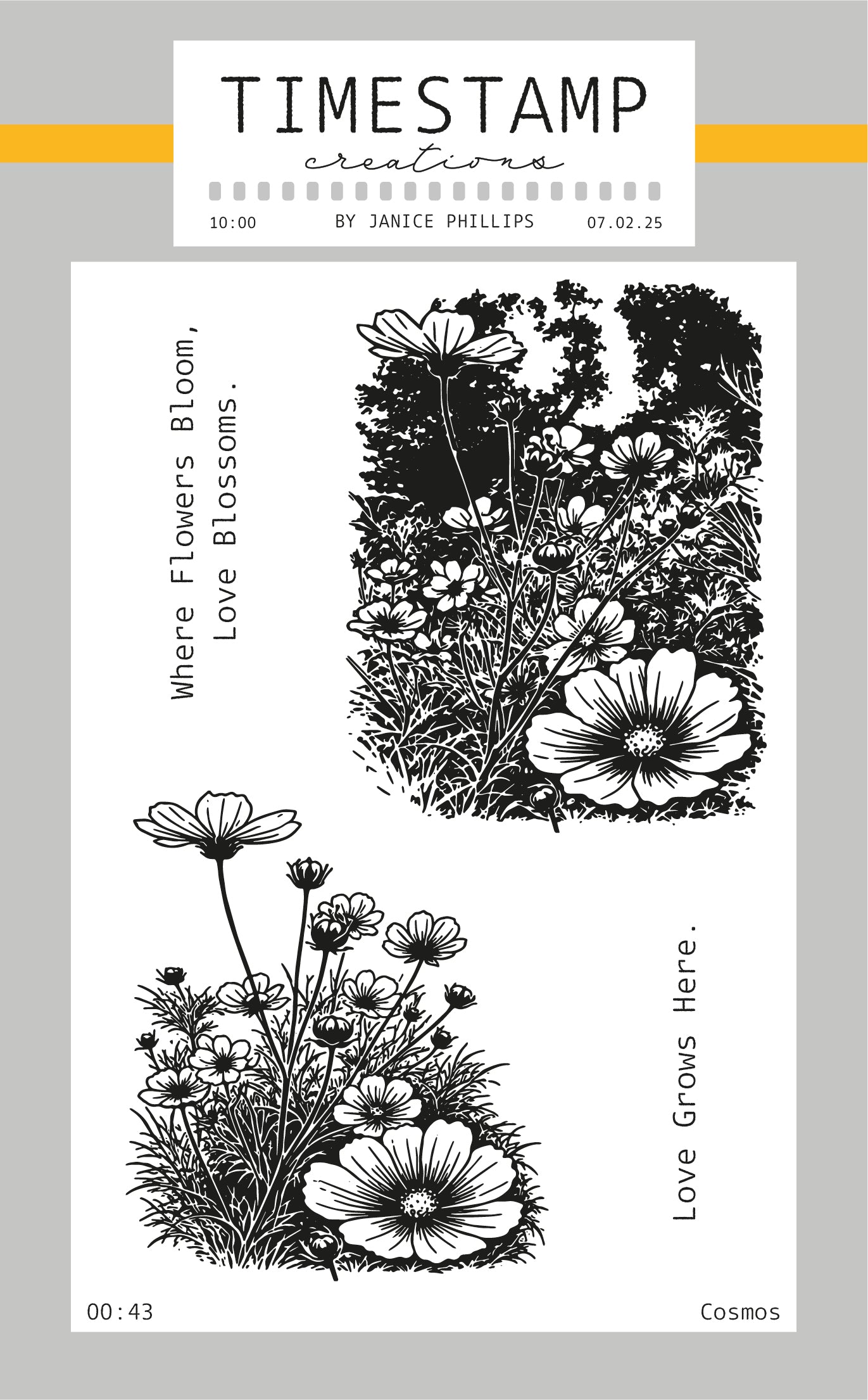 Clear stamp set with black floral designs on a white background, featuring the brand 'Timestamp Creations'.