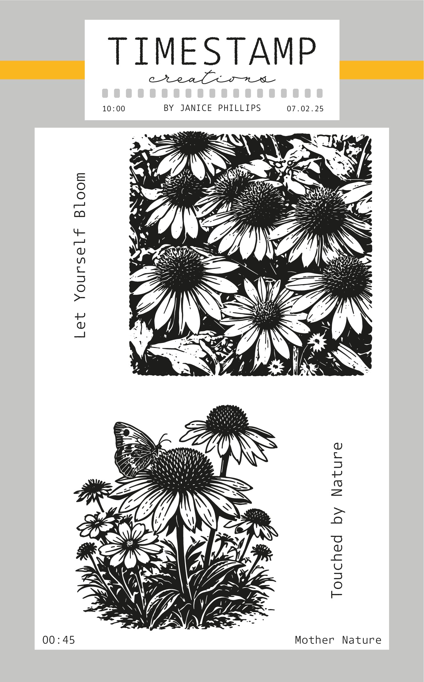 Floral and nature-themed rubber stamp set with 'Timestamp Creations' branding.