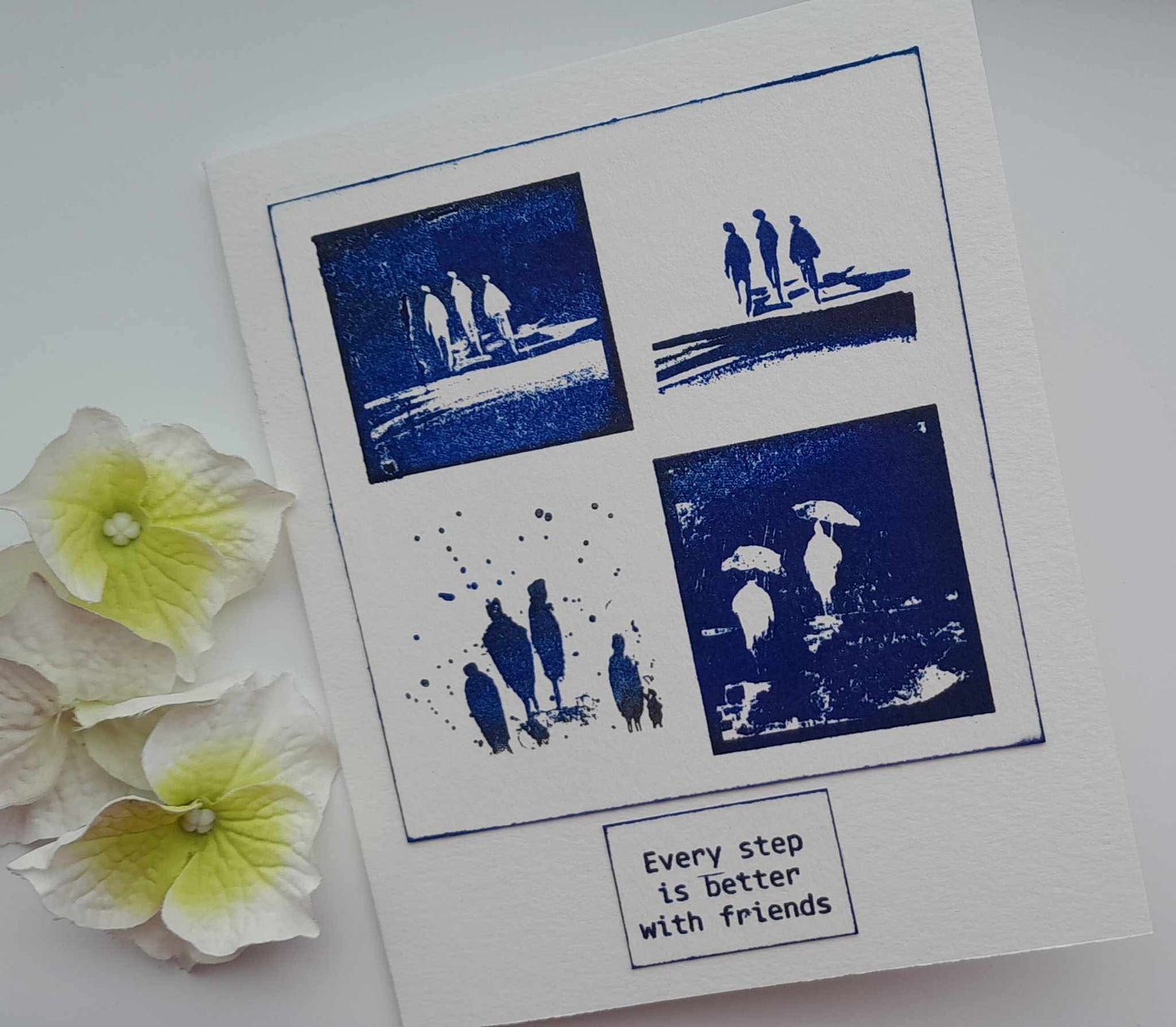 Card design using stamps showing people together walking