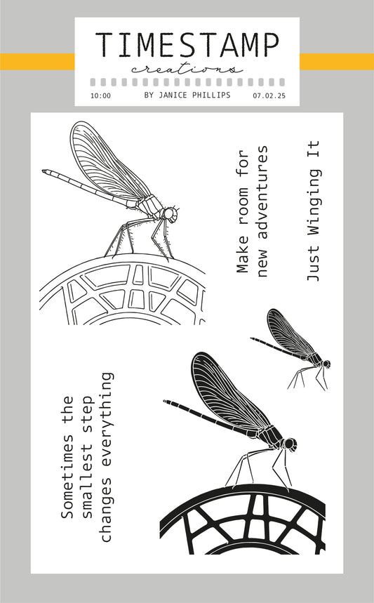 Stamp set packaging featuring three black line-art dragonfly illustrations and three vertical text phrases on a white background, with a light gray border and a yellow-orange stripe. The top header reads 'TIMESTAMPCreations' and 'by Janice Phillips' with the date '07.