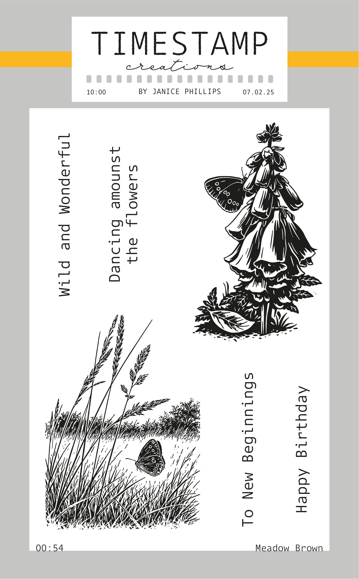 Stamps with illustrations of a woman and plants on a light gray background, featuring the brand 'Timestamp Creations'.