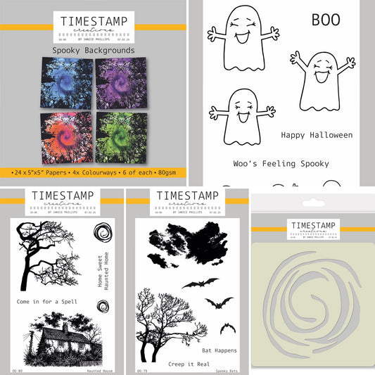 A collage showing multiple packages of TimESTAMP scrapbooking and cardstock papers, including spooky Halloween-themed designs like ghosts, bats, a haunted house, and black ink effects, alongside sample sheets of printed papers.