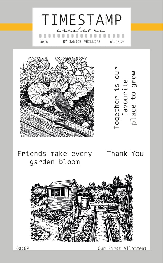 A stamp set sheet from Timestamp Creations by Janice Phillips, featuring three black and white garden-themed rubber stamps with text and illustrations of a bird, a garden scene, and a small shed.