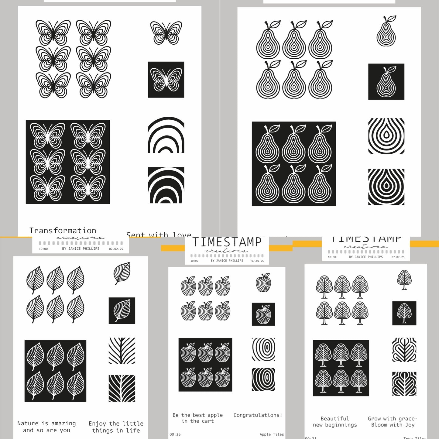 Collection of black and white patterned stamps on a gray background