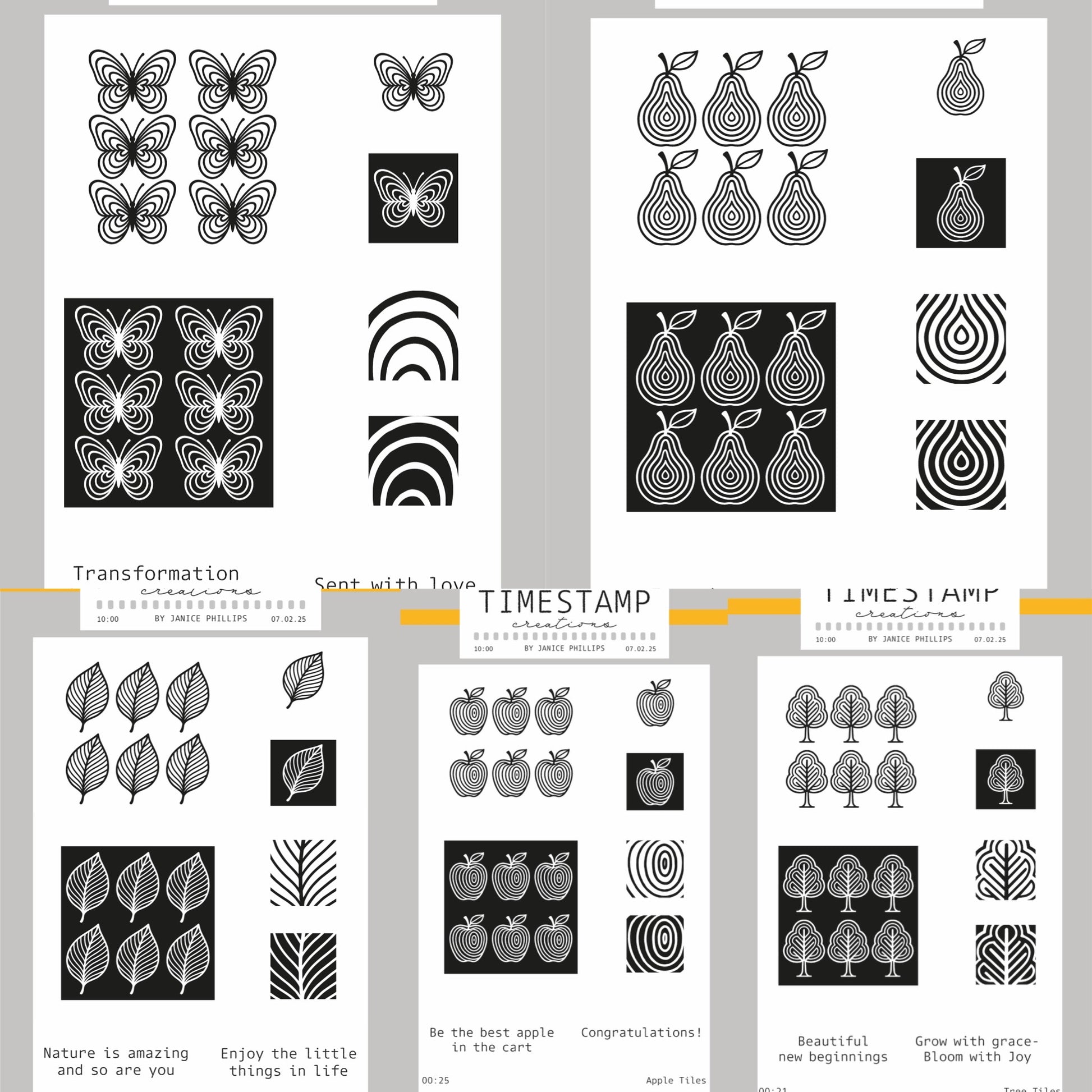 Collection of black and white patterned stamps on a gray background