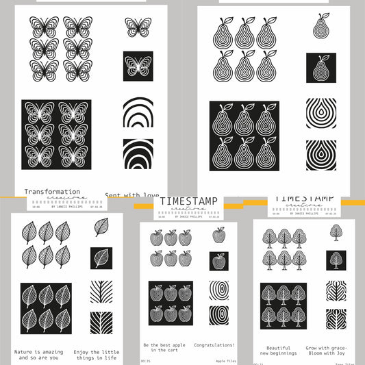 Collection of black and white patterned stamps on a gray background