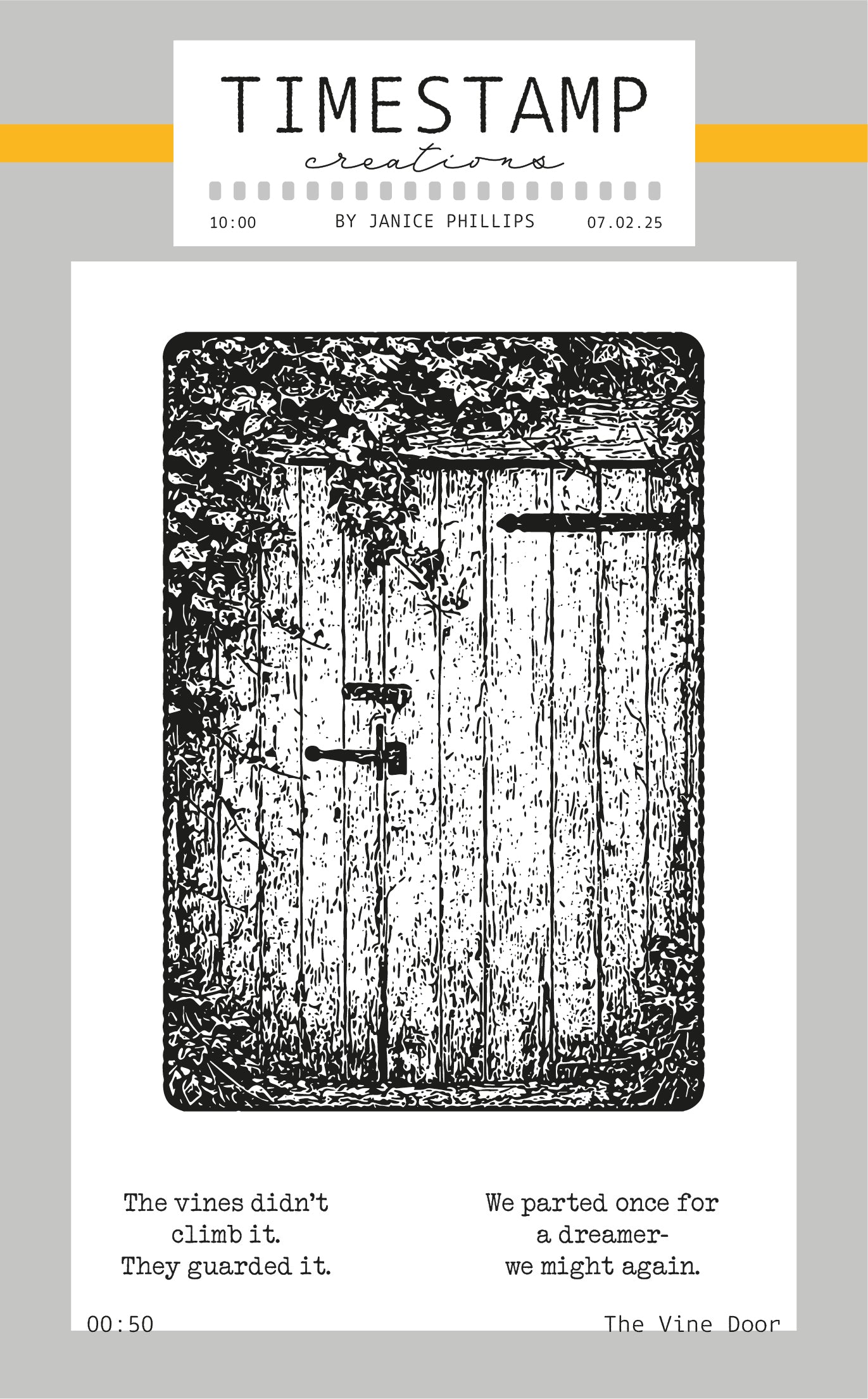 Illustration of a wooden door with vines, featuring text and a timestamp design.