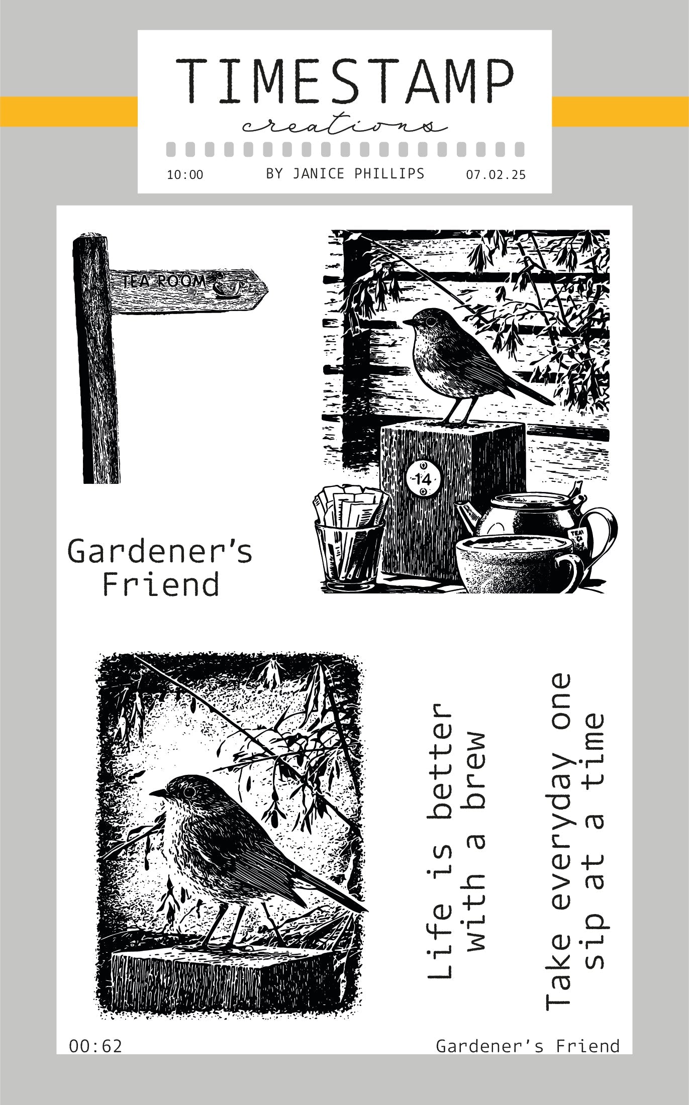 Set of rubber stamps with bird illustrations and text on a gray background