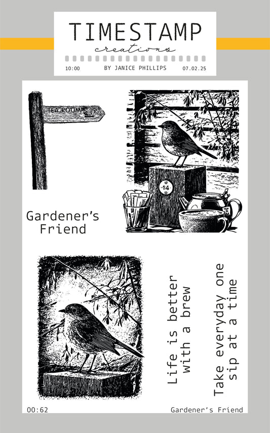 Set of rubber stamps with bird illustrations and text on a gray background