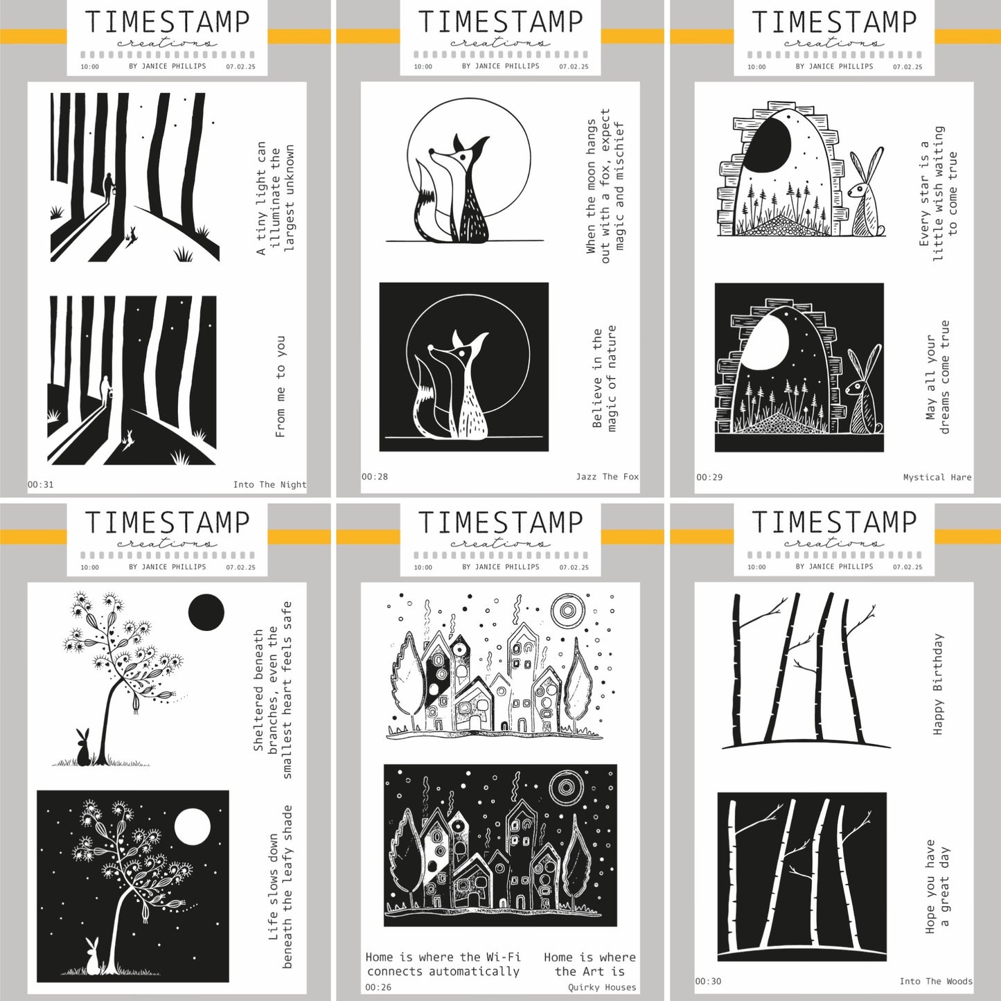 Collection of black and white illustrations with text on a gray background, labeled 'Timestamp'.