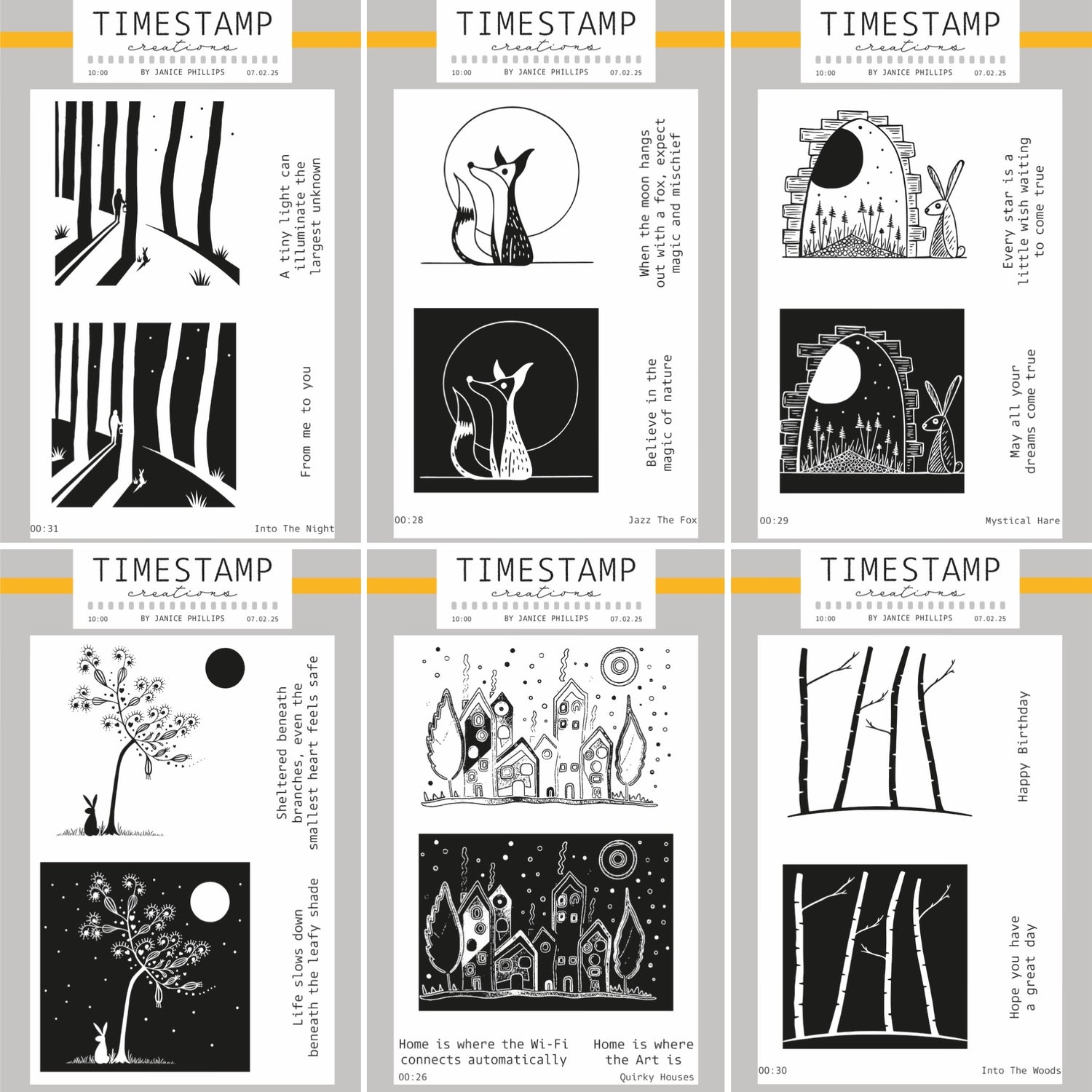 Collection of black and white illustrations with text on a gray background, labeled 'Timestamp'.
