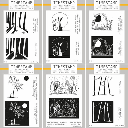 Collection of black and white illustrations with text on a gray background, labeled 'Timestamp'.