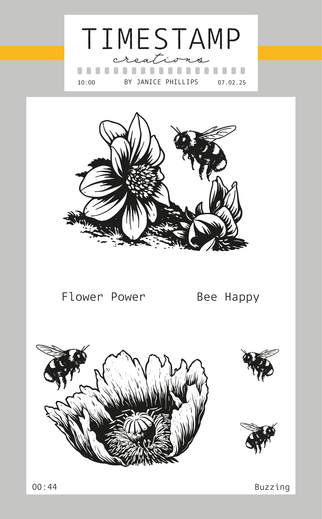 Clear stamp set with floral and bee designs on a light gray background, featuring the brand 'Timestamp Creations' by Janice Phillips.
