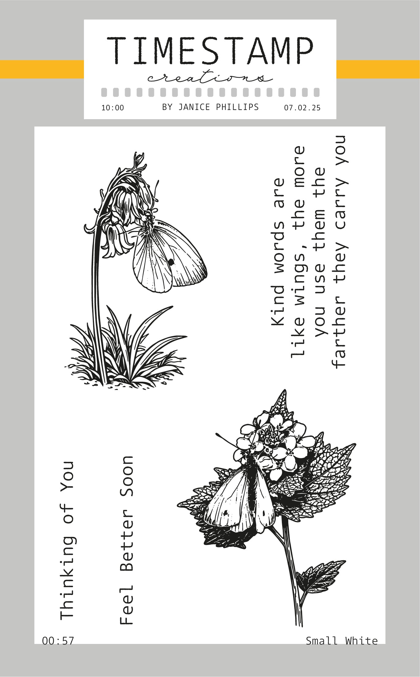 Clear stamp set with botanical illustrations and inspirational quote on a light gray background