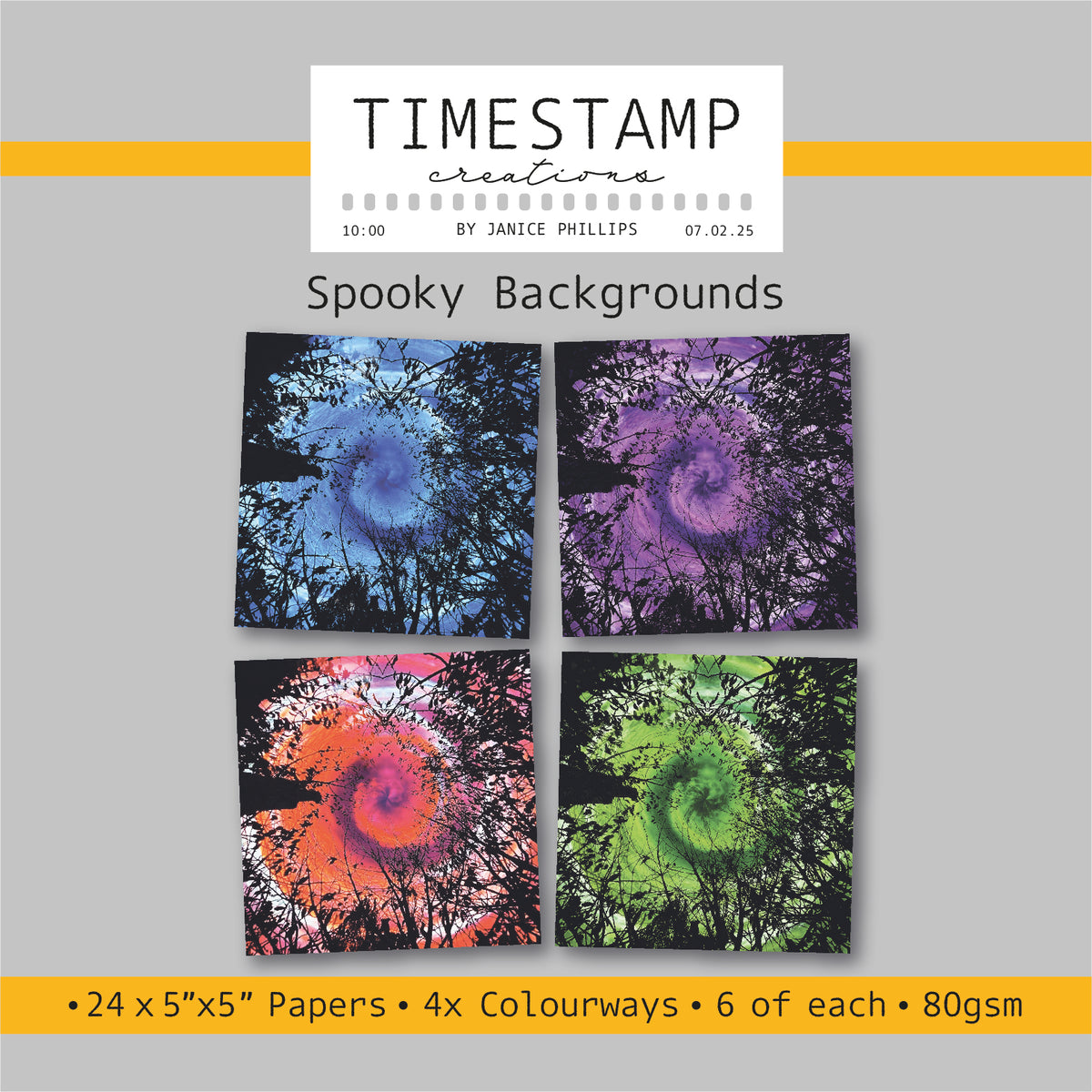 Product cover for 'Spooky Backgrounds' by Janice Phillips, showing four square papers with colorful spiral ink splatter designs on a gray background with yellow text bands.
