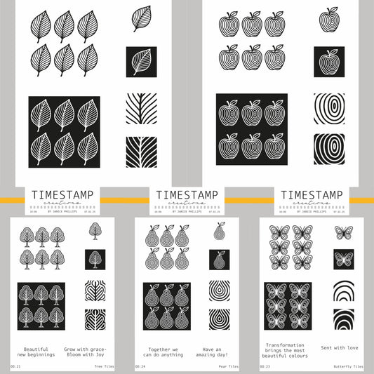 Collection of black and white patterned stamps with 'Timestamp' branding on a gray background.