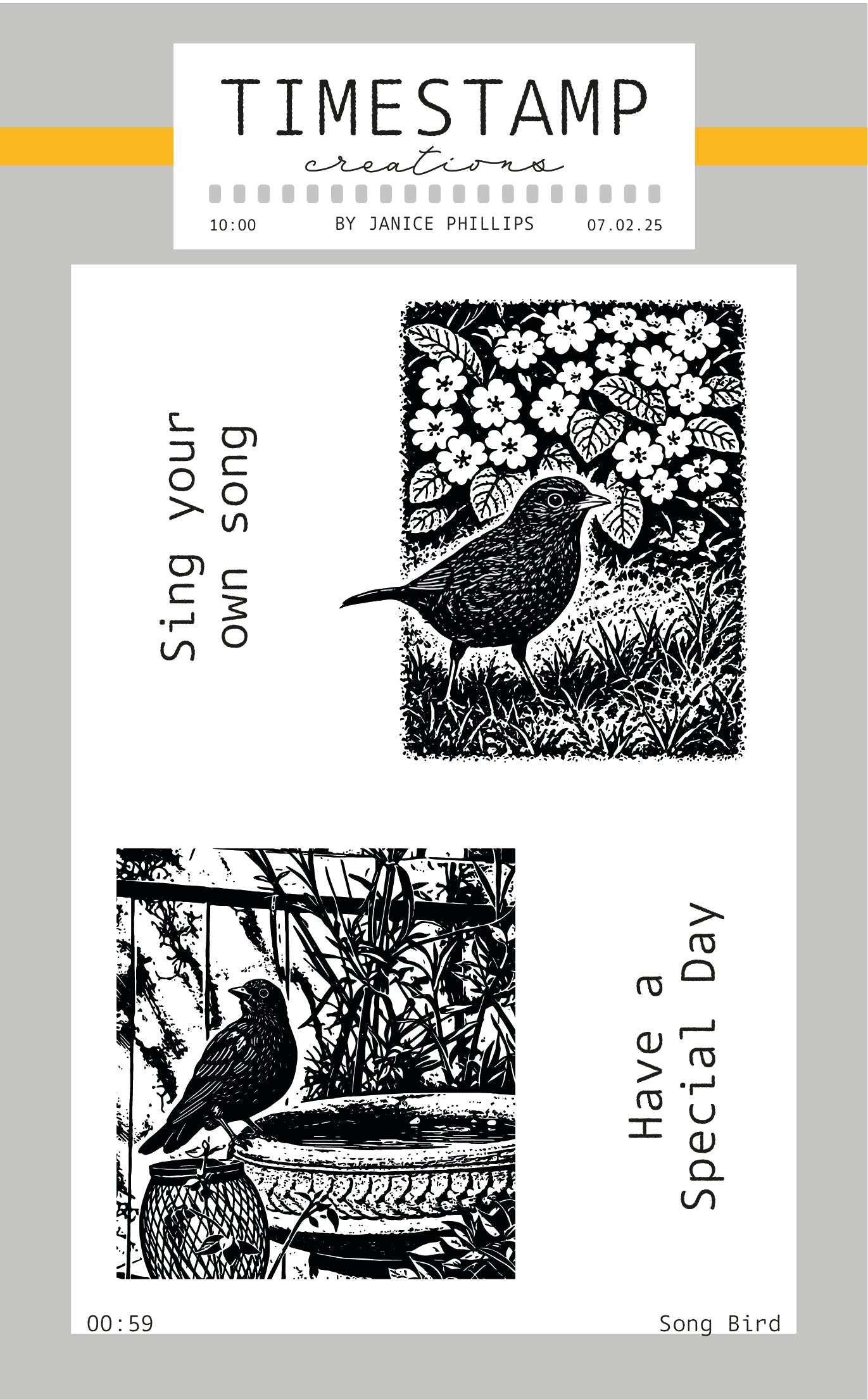 Stamps with bird designs and text on a white background