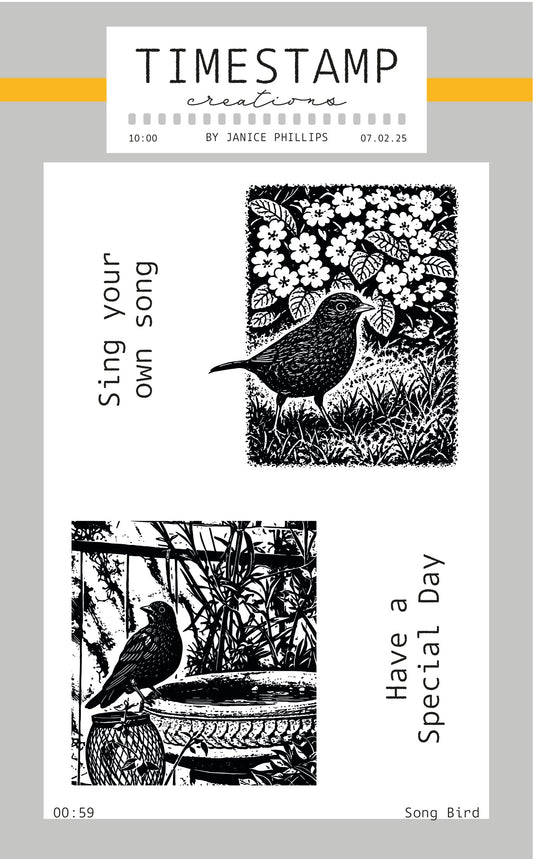 Stamps with bird designs and text on a white background