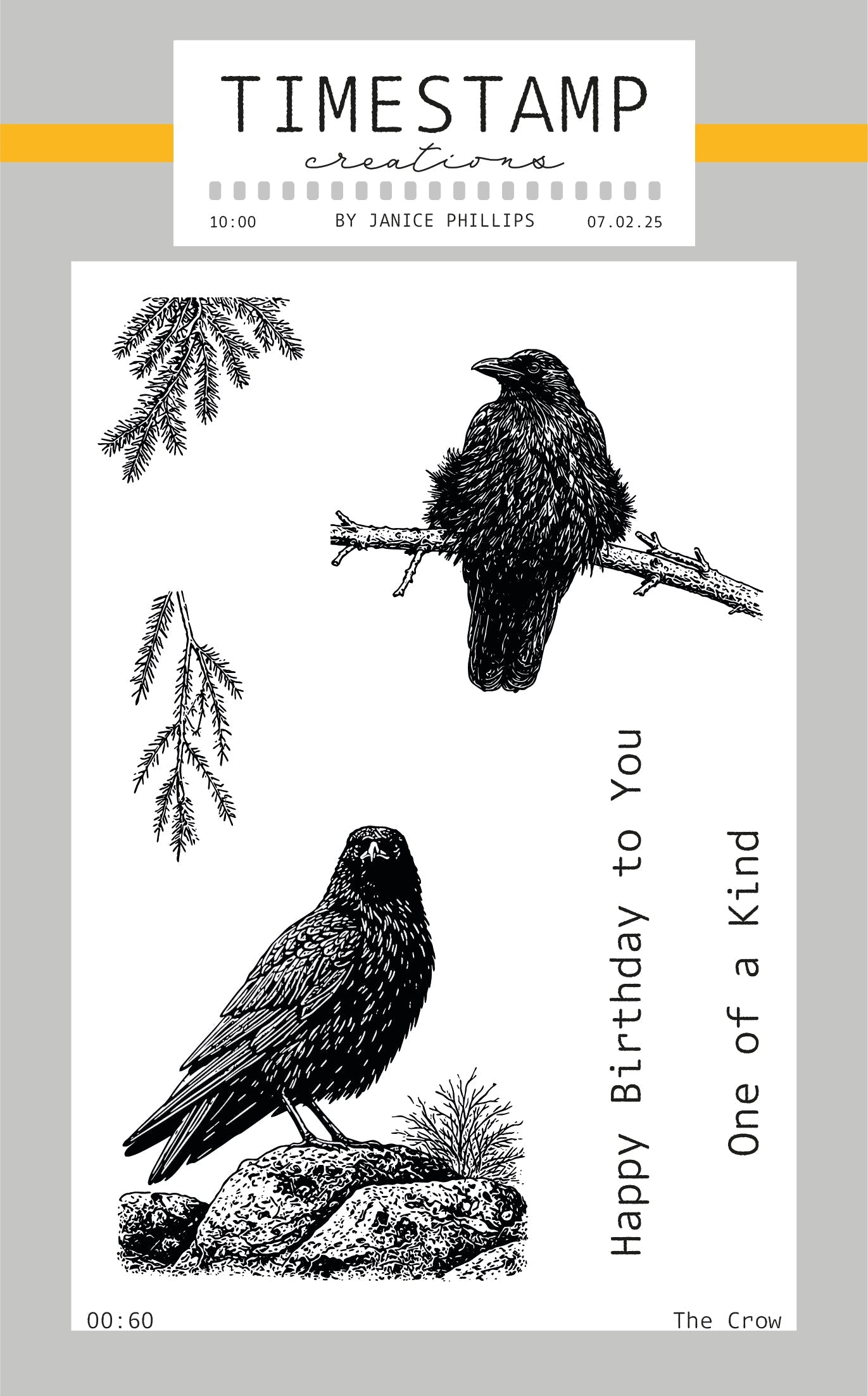 Stamps with crow designs and text on a gray background