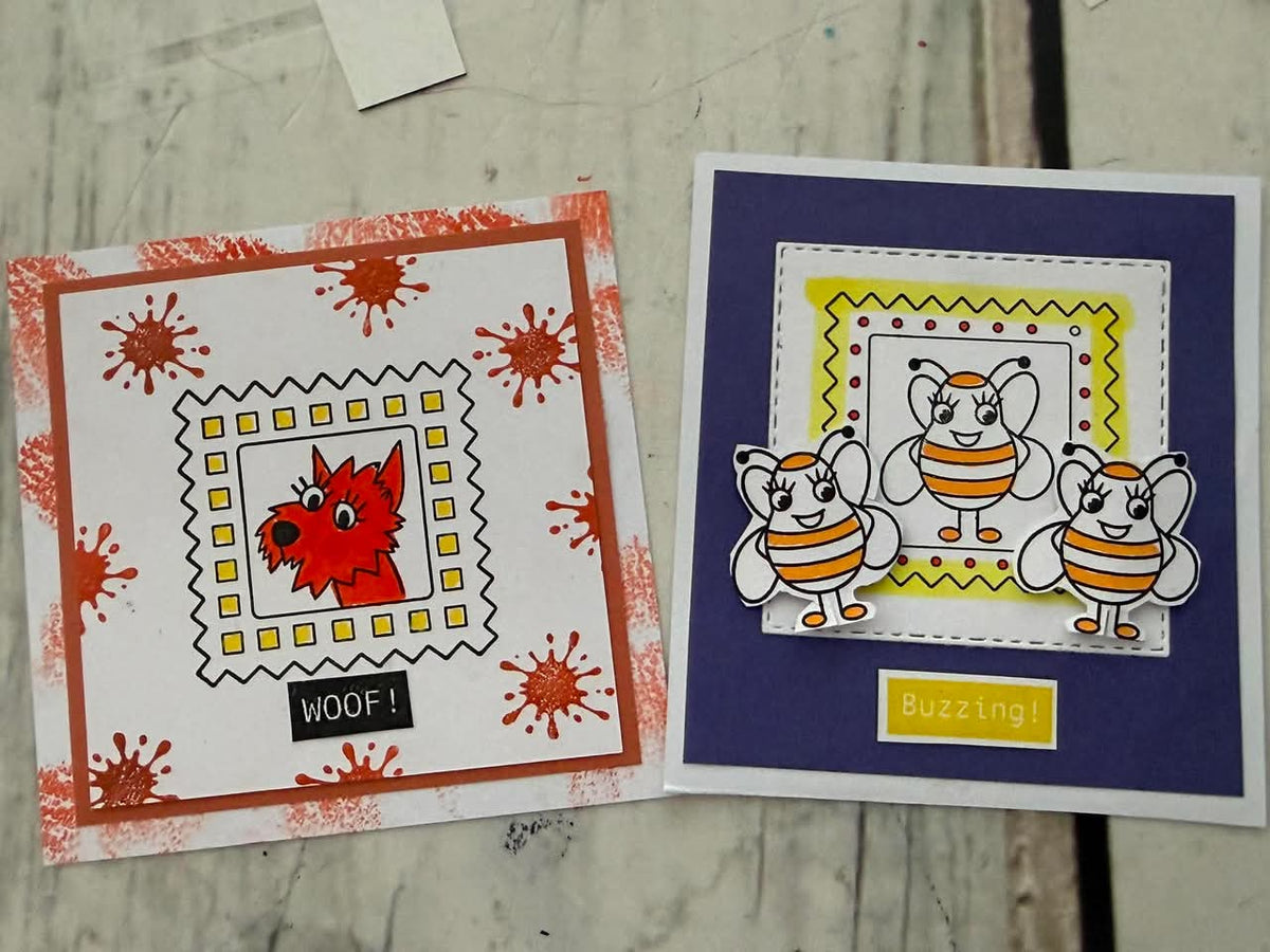 a dog in a frame and three bumble bees in a frame on cards
