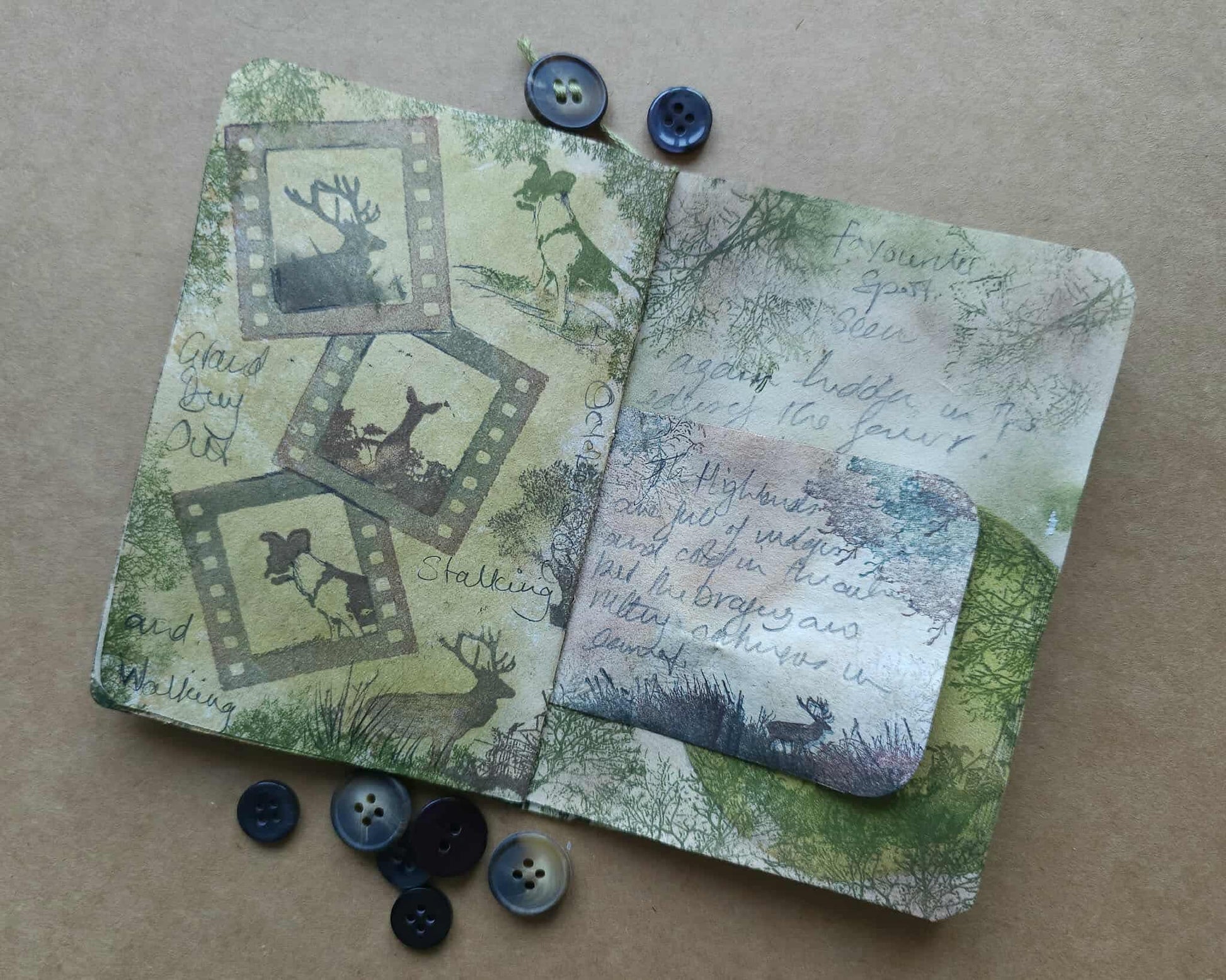 Two small books with nature-themed covers and button embellishments on a brown background