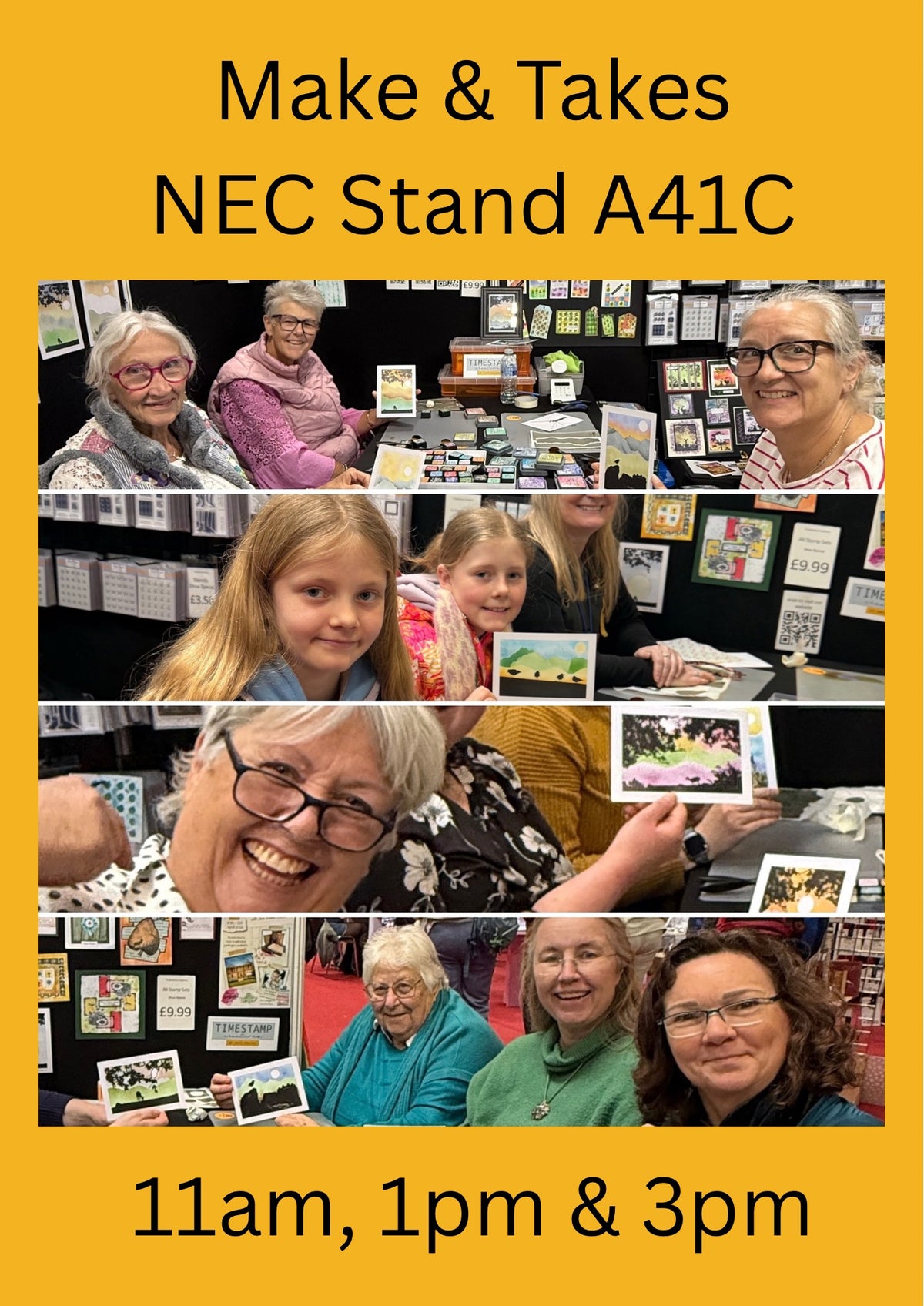 flyer showing happy people at a craft show with times to join in