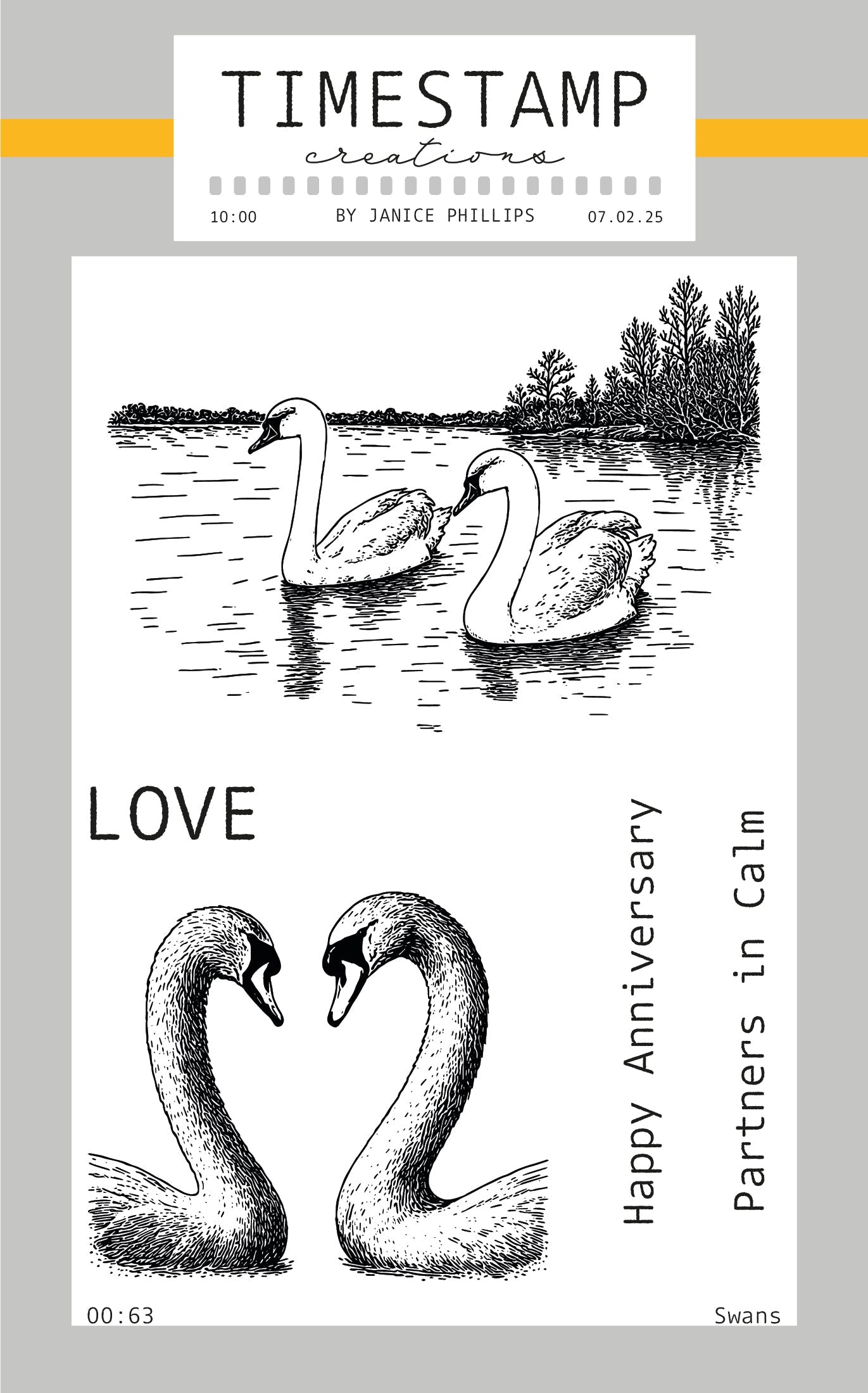Design of two swans on a lake with text 'Love', 'Happy Anniversary', and 'Partners in Calm' on a gray background.