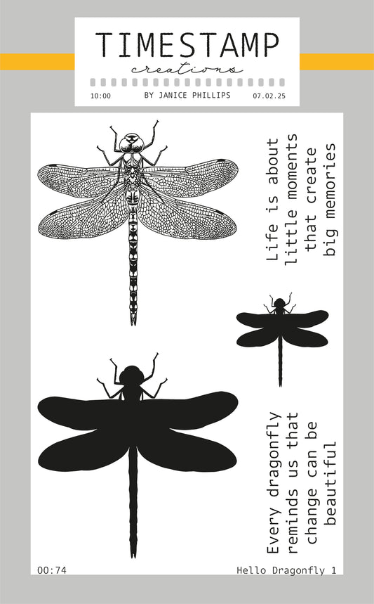 Stamp set packaging for 'Hello Dragonfly 1' by Janice Phillips for Timestamp Creations, featuring black dragonfly illustrations and quote text on a white sheet against a sage green background.