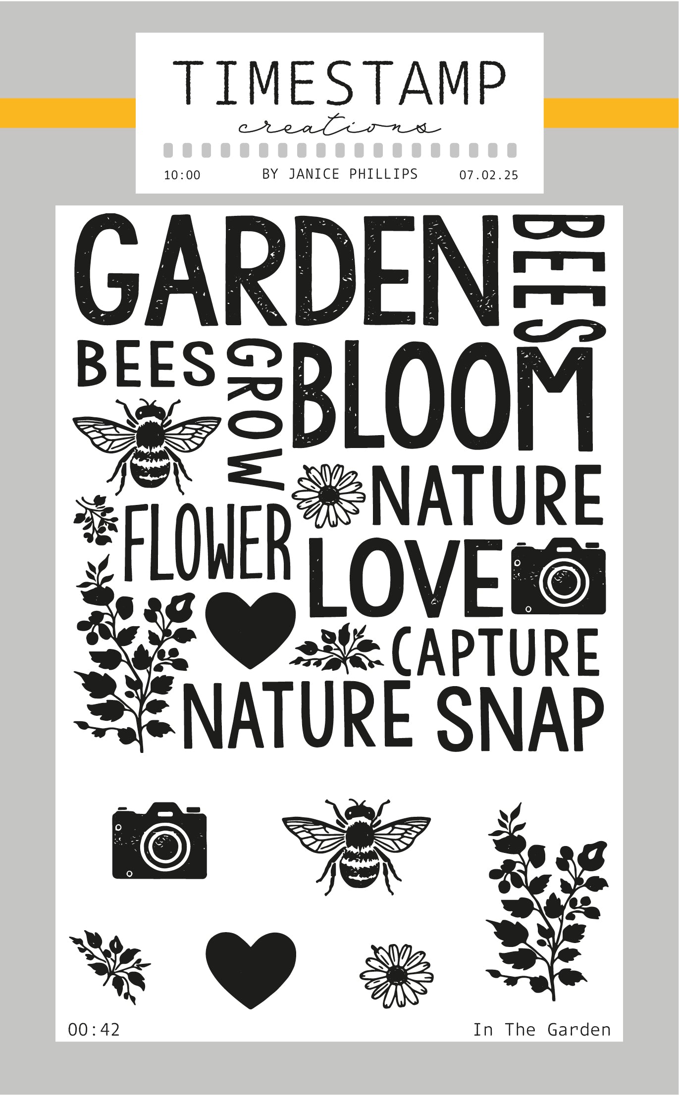 Clear stamp set with garden-themed designs and text on a light gray background